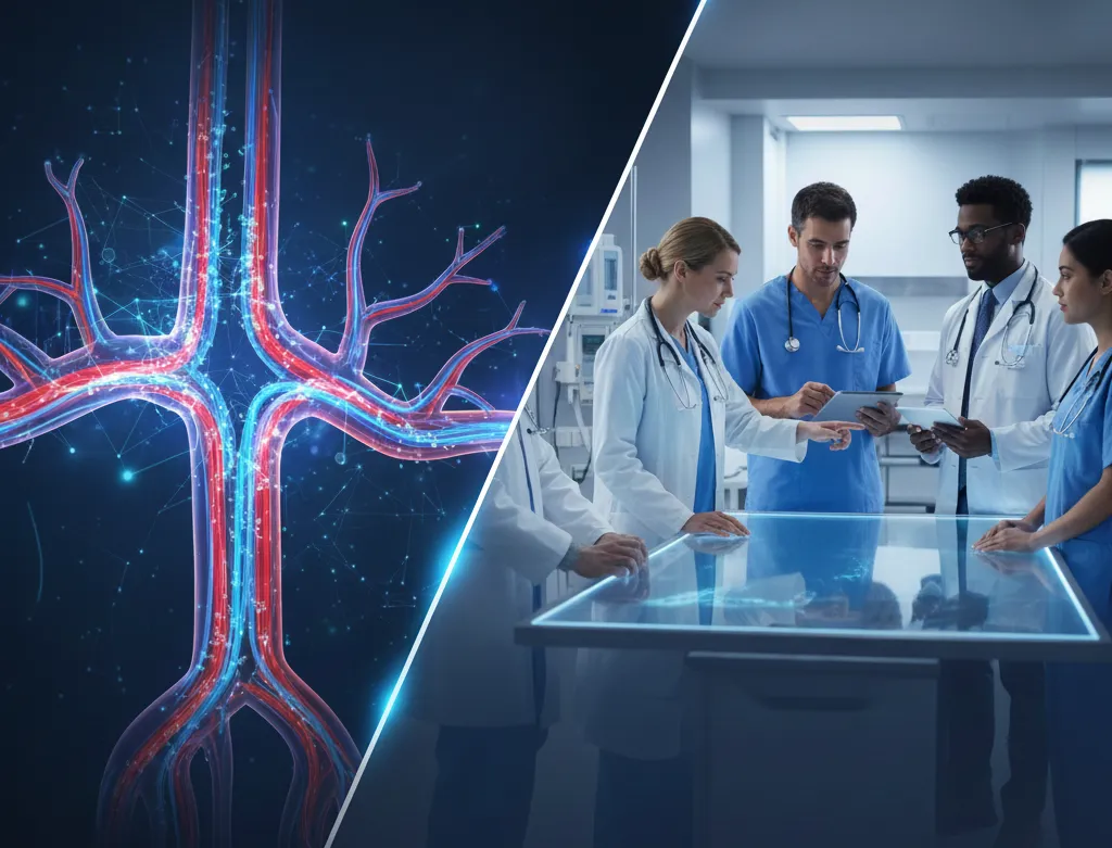 AI visualisation of arterial blood flow beside a clinical team reviewing data on an interactive table