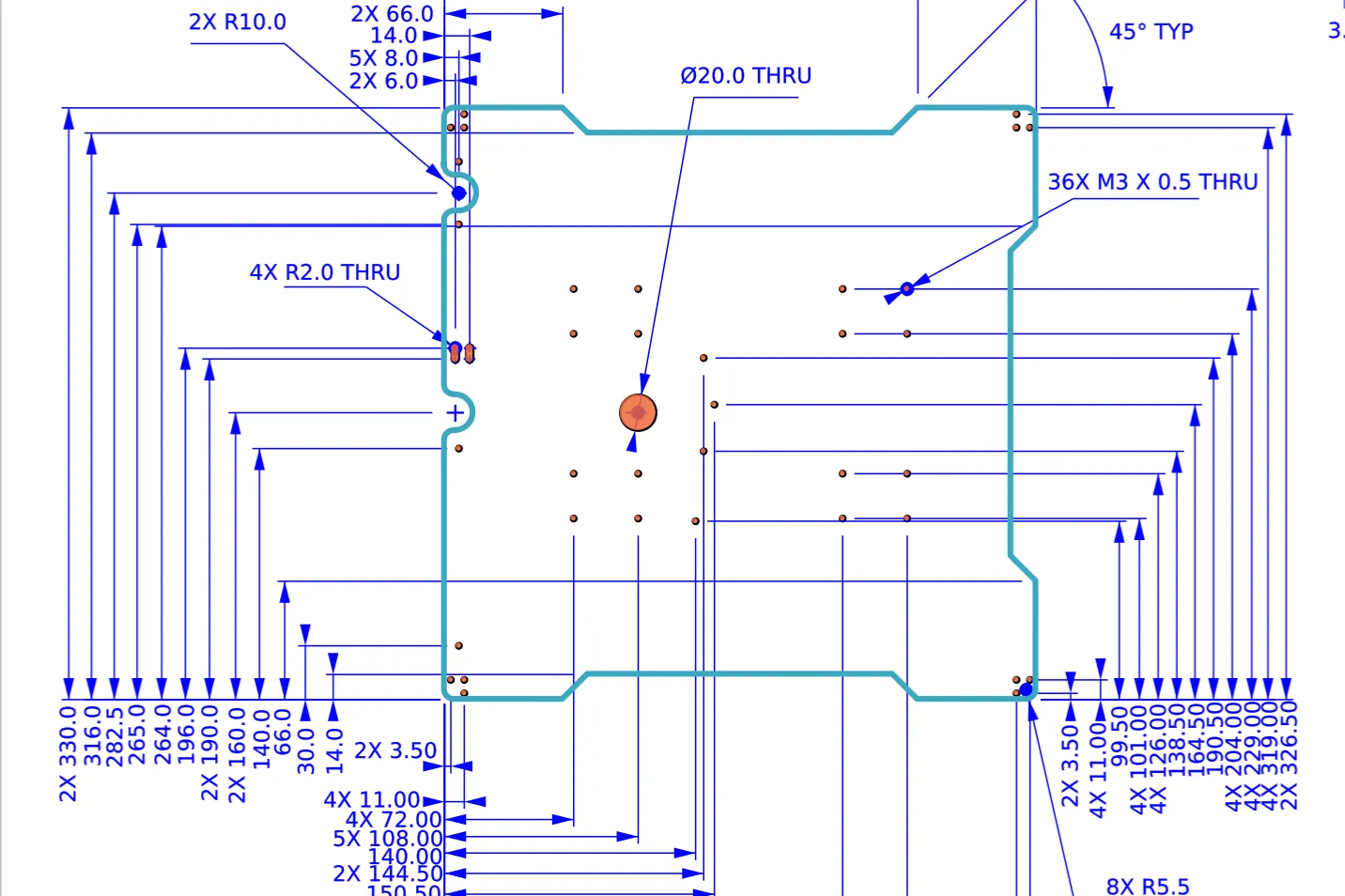 Technical drawing of a square bed plate with dense dimension chains; its outline is traced in blue and its 39 openings in orange.