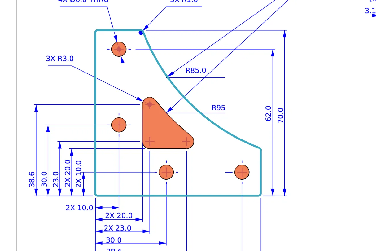Technical drawing of a corner bracket with a curved edge, four holes and a triangular cut-out, traced in blue and orange.