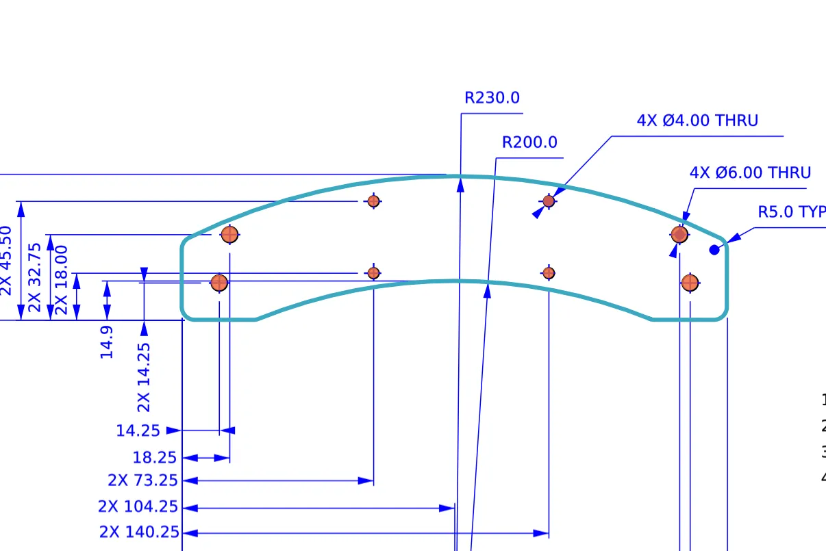 Technical drawing of a curved plate with its outline traced in blue and eight holes filled in orange.