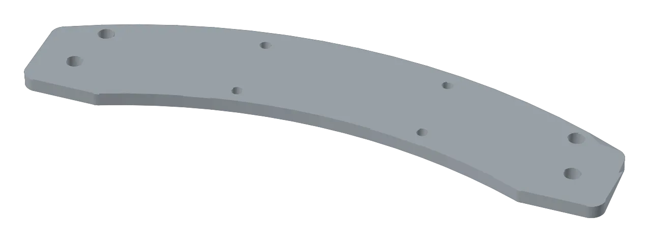 A curved aluminium plate with eight holes, rebuilt in 3D from its PDF drawing.