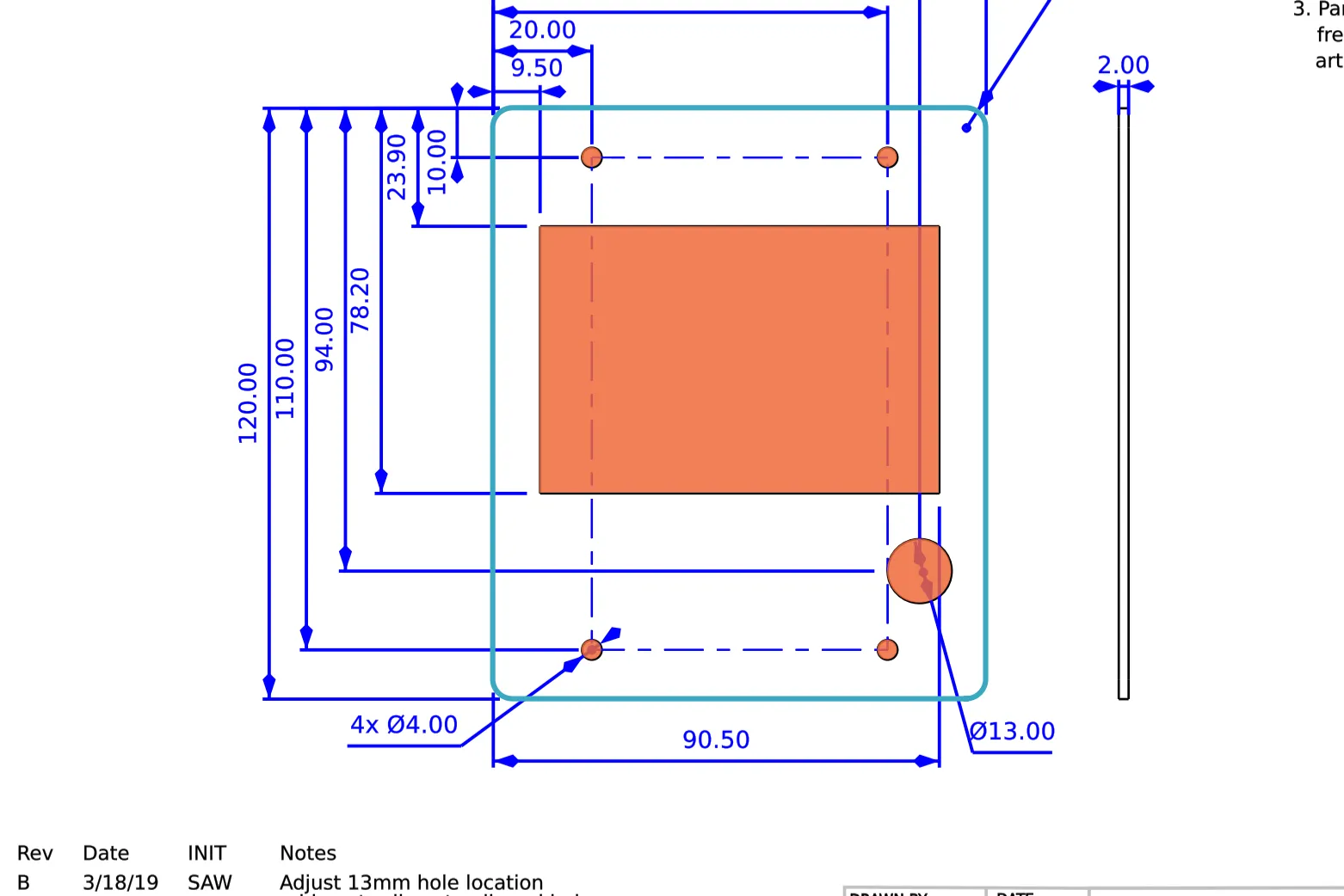 Technical drawing of a display cover plate with a rectangular window and five holes, traced in blue and orange.