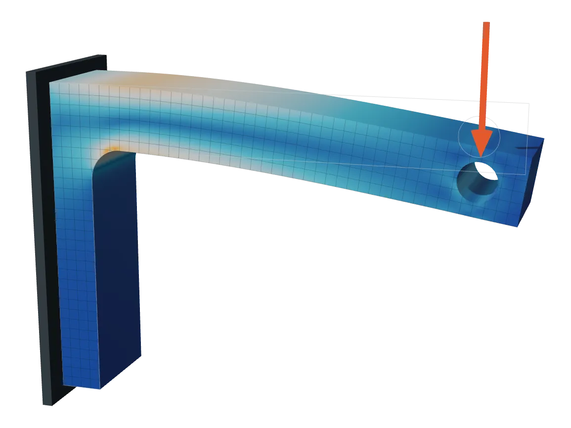 Finite-element result for the bracket under 3 kN: stress coloured blue (low) to amber (high), highest at the inner fillet, with the bend exaggerated.