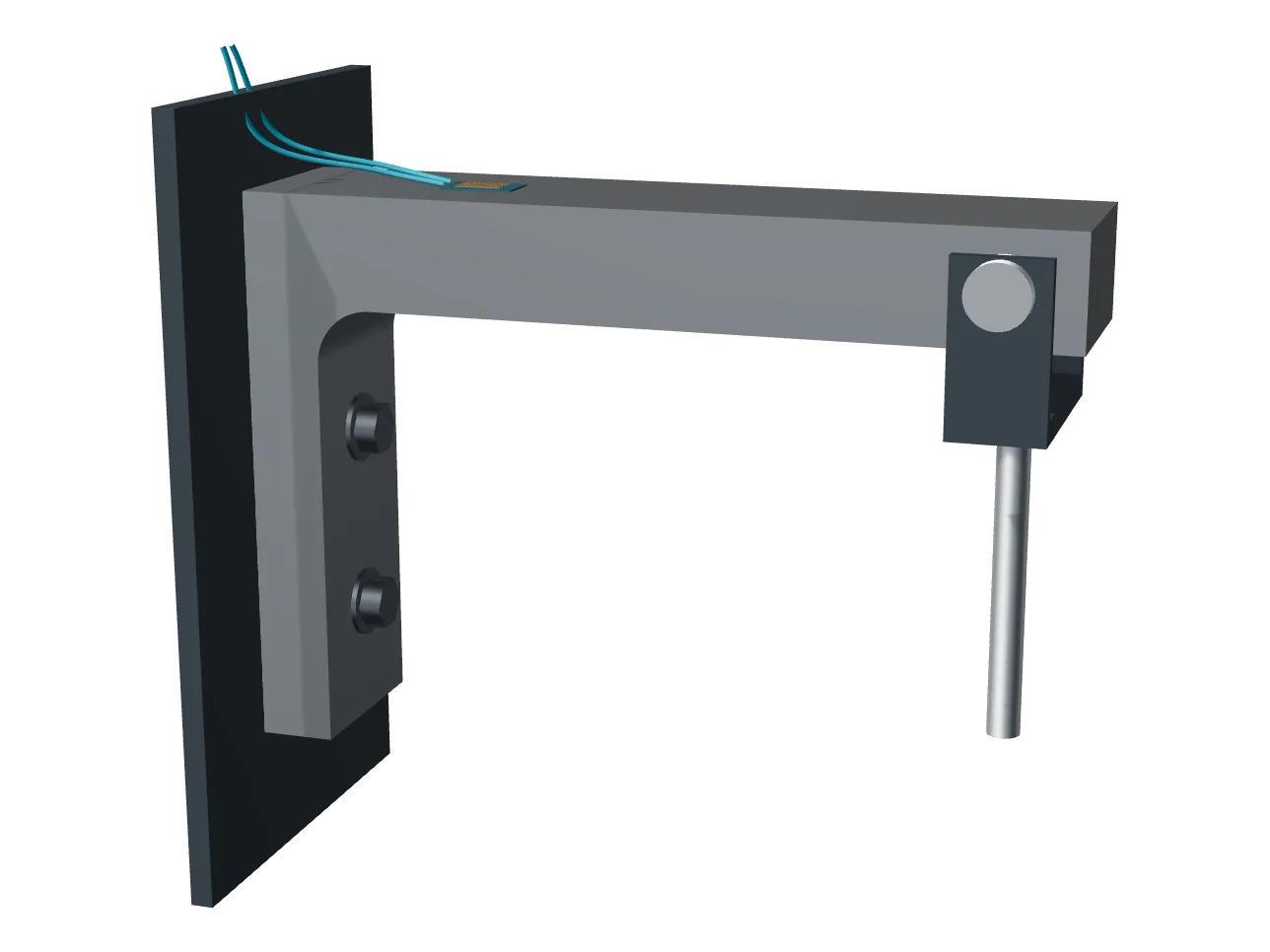 The same bracket bolted to a wall plate, a load hanging from its pin, with a strain gauge on the top of the arm.