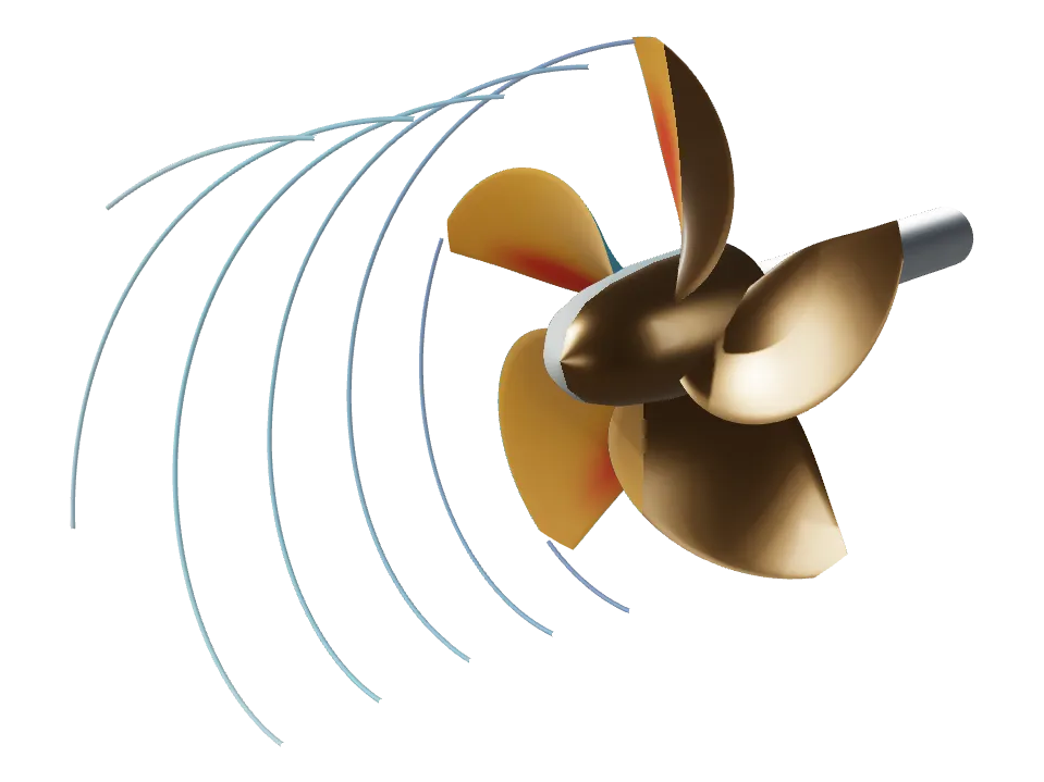 A five-bladed bronze ship propeller. The blades on the left are coloured by pressure, with tip vortices trailing behind them.