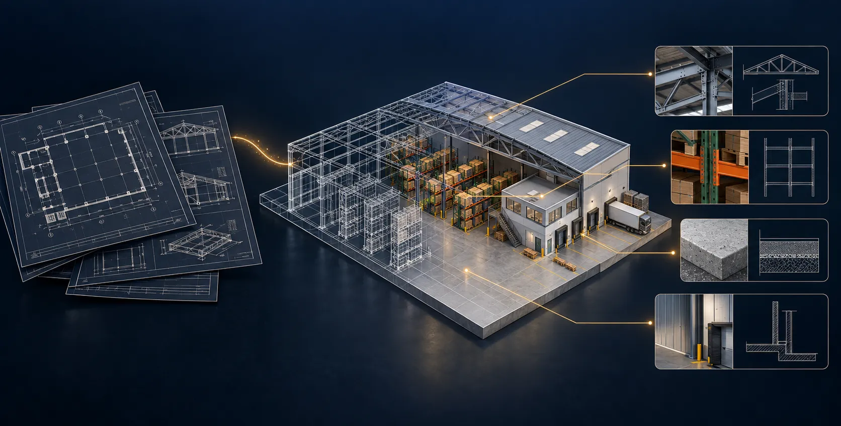 Construction drawings on the left resolving into an exploded 3D warehouse model, with callouts to roof steel, pallet racking, the concrete slab and a dock door