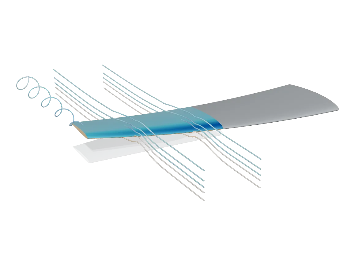 An aircraft wing on a fuselage stub. The outboard half is coloured by surface pressure, with streamlines passing over and under it, a tip vortex, and a faint outline of the unloaded wing showing how far it bends.